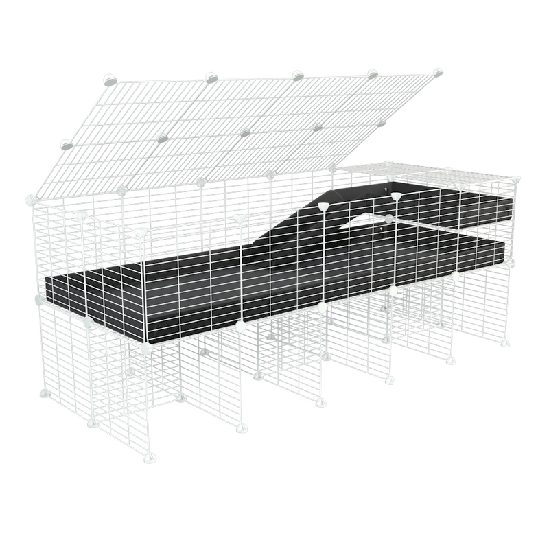 une cavy cage 5x2 pour cochons d'inde avec rehausseur couvercle loft rampe coroplast noir et grilles blanches kavee
