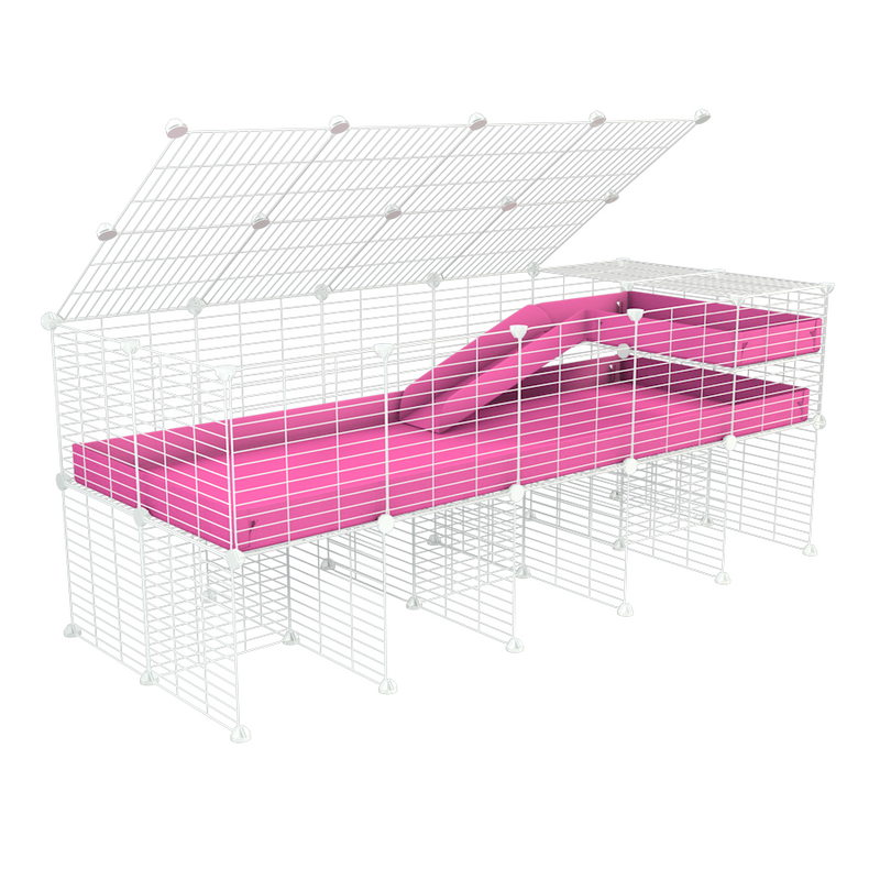 une cavy cage 5x2 pour cochons d'inde avec rehausseur couvercle loft rampe coroplast rose et grilles blanches de kavee