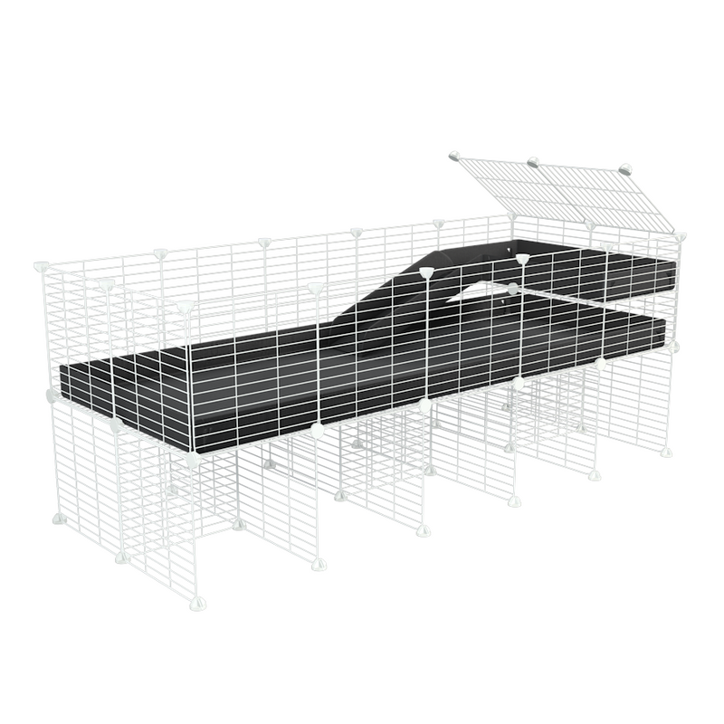 une kavee cage 5x2 pour cochons d'inde avec rehausseur loft rampe coroplast noir et grilles blanches a petits trous