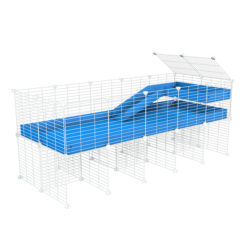 une kavee cage 5x2 pour cochons d'inde avec rehausseur loft rampe coroplast bleu et grilles blanches fines petits trous