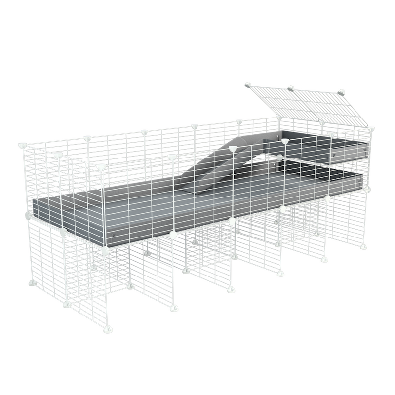 une cavy cage 5x2 pour cochons d'inde avec rehausseur loft rampe coroplast gris et grilles blanches fines kavee france