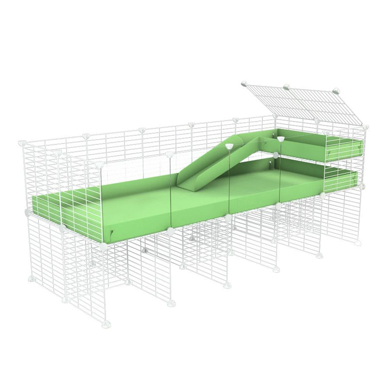une cavy cage 5x2 avec panneaux transparents en plexiglass  pour cochons d'inde avec rehausseur loft rampe coroplast vert pistache et grilles blanches kavee
