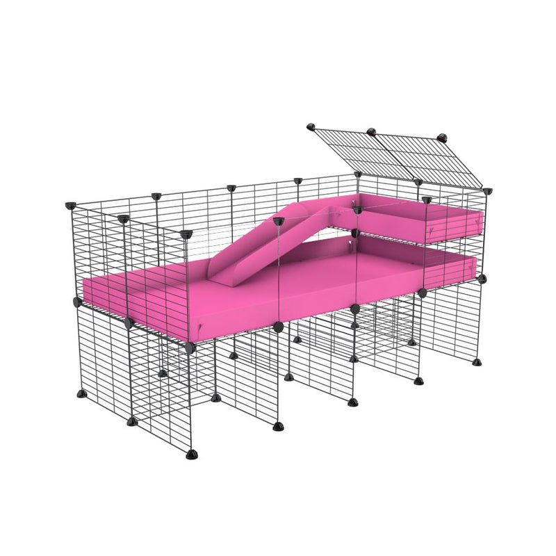 une cavy cage 4x2  avec panneaux transparents en plexiglass pour cochons d'inde avec rehausseur loft rampe coroplast rose et grilles fines petits trous de kavee france
