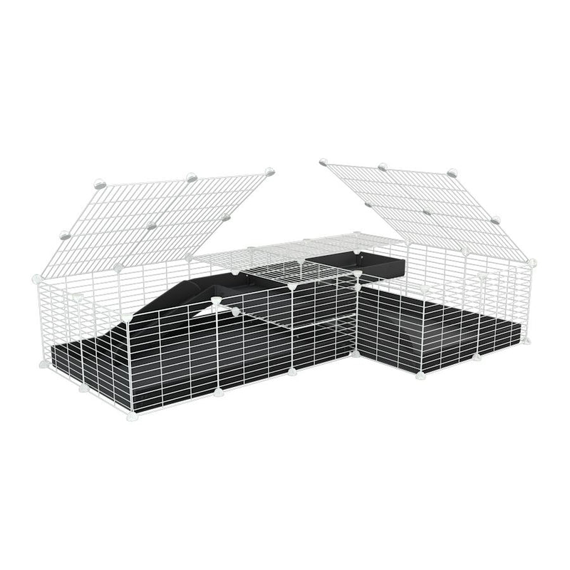 une cavy cage blanche 6x2 en L avec loft avec couvercle et separation pour cochons d'inde qui se battent ou en quarantaine avec coroplast noir kavee
