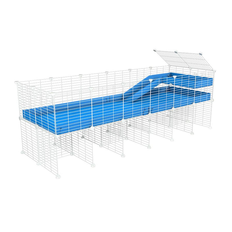 une kavee cage 6x2 pour cochons d'inde avec rehausseur loft rampe coroplast bleu et grilles blanches fines petits trous