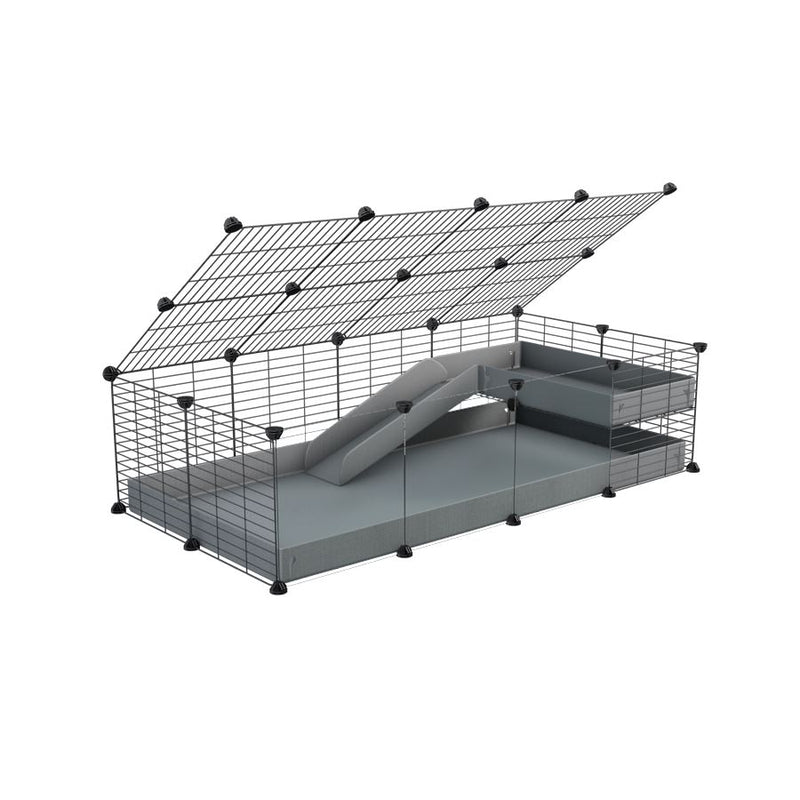 une cavy C&C cage 4x2  avec panneaux transparents en plexiglass pour cochons d'inde avec une rampe un loft un couvercle un coroplast gris et grilles fines pour bebes