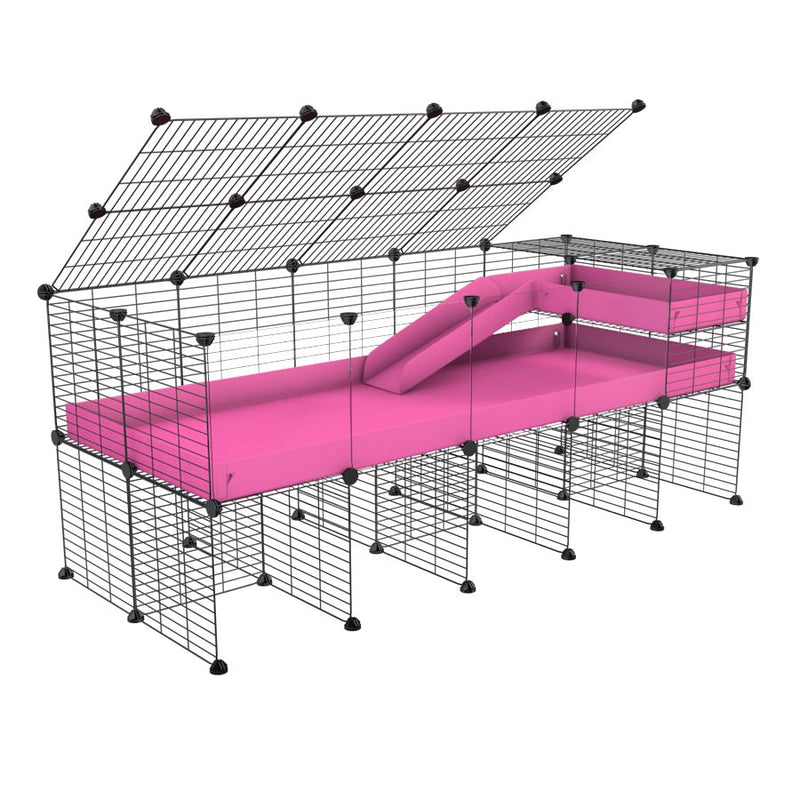 une cavy cage 5x2  avec panneaux transparents en plexiglass pour cochons d'inde avec rehausseur couvercle loft rampe coroplast rose et grilles fines de kavee france