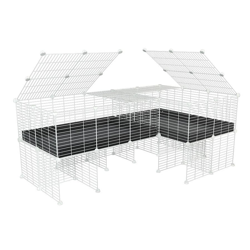 une cavy cage blanche 6x2 en L avec stand avec couvercle et separation pour cochons d'inde qui se battent ou en quarantaine avec coroplast noir kavee