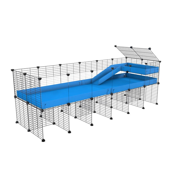 une kavee cage 6x2  avec panneaux transparents en plexiglass pour cochons d'inde avec rehausseur loft rampe coroplast bleu et grilles fines petits trous