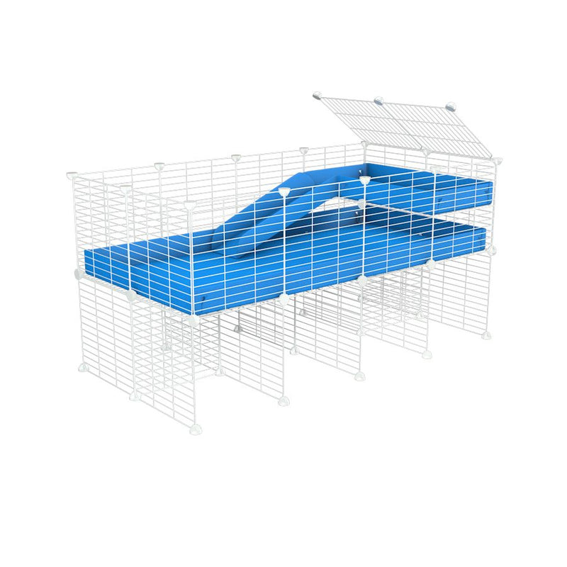 une kavee cage 4x2 pour cochons d'inde avec rehausseur loft rampe coroplast bleu et grilles blanches fines petits trous