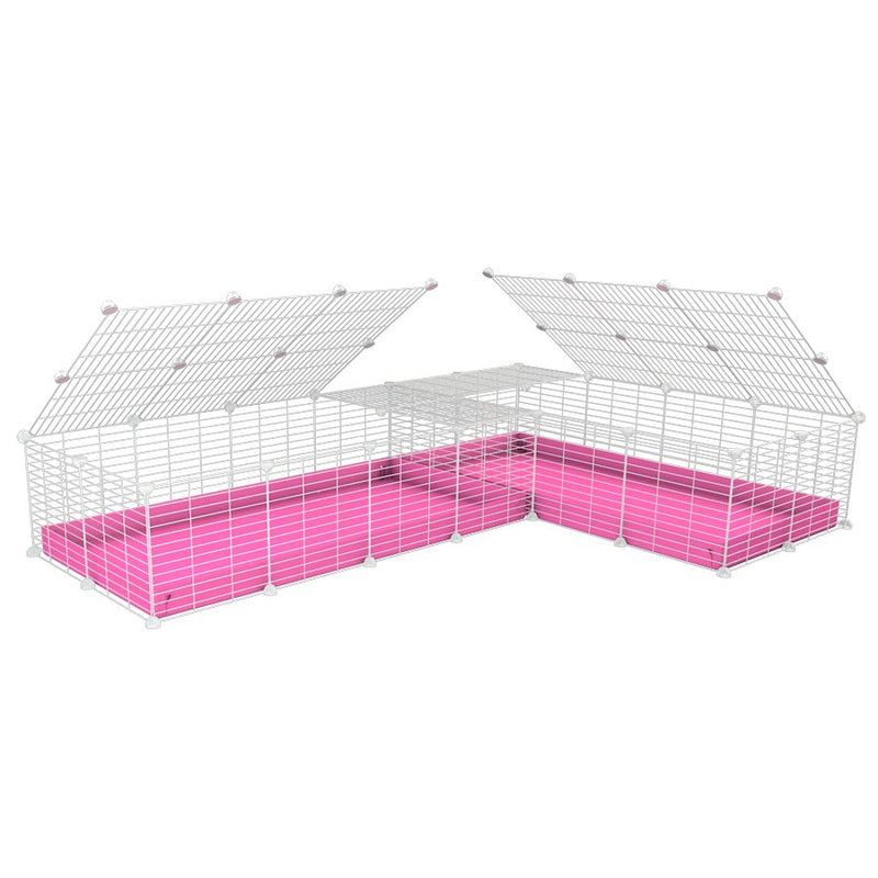 une cavy cage blanche 8x2 en L avec couvercle et separation pour cochons d'inde qui se battent ou en quarantaine avec coroplast rose kavee