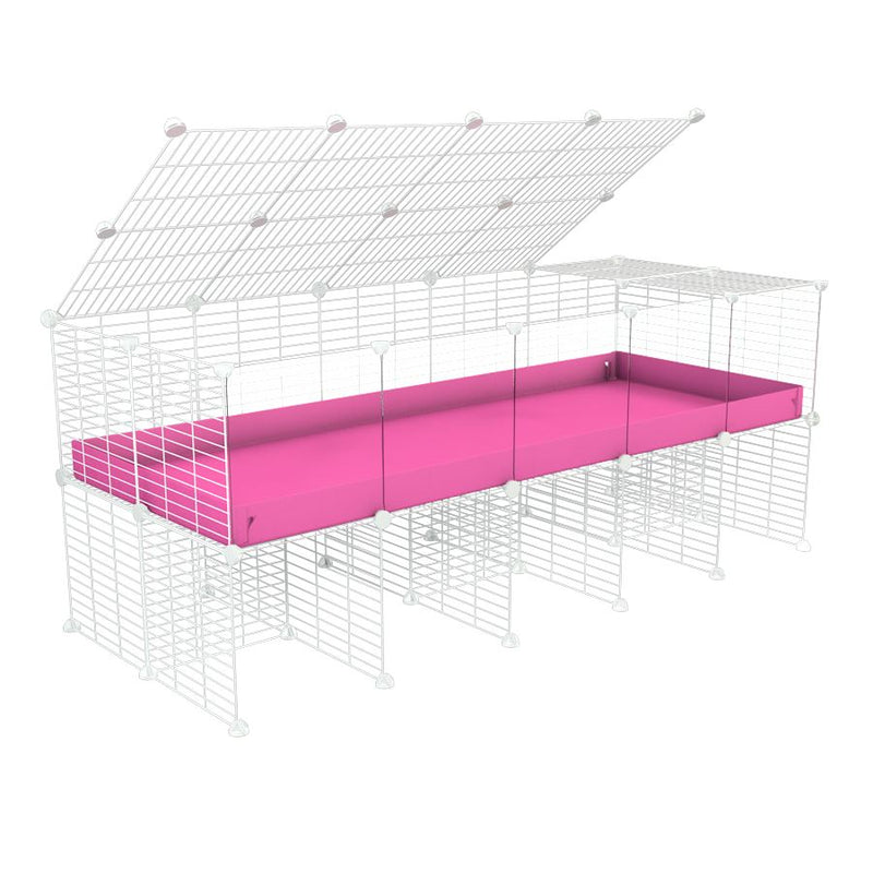 une cavy cage 5x2 avec panneaux transparents en plexiglass  pour cochons d'inde avec rehausseur couvercle correx rose et grilles blanches fines de kavee france