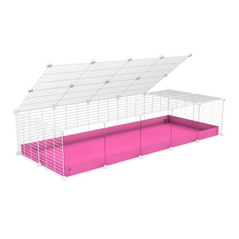 une cavy cage 5x2 avec panneaux transparents en plexiglass  pour cochons d'inde avec couvercle coroplast rose et grilles blanches avec barreaux etroits de kavee