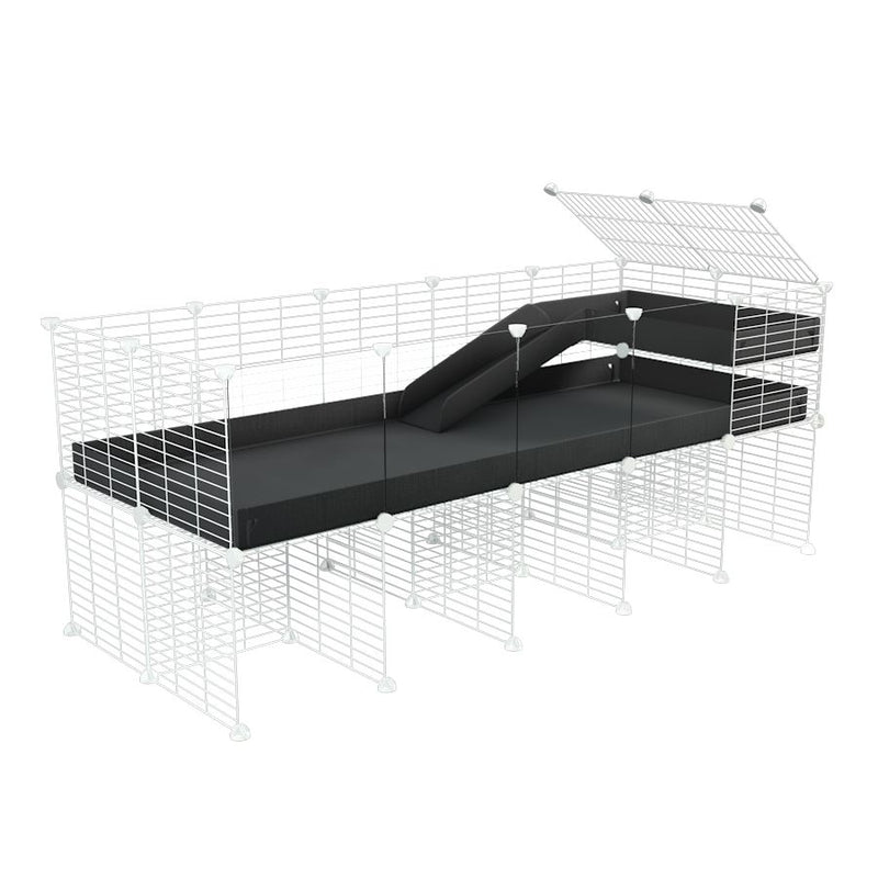 une kavee cage 5x2 avec panneaux transparents en plexiglass  pour cochons d'inde avec rehausseur loft rampe coroplast noir et grilles blanches a petits trous