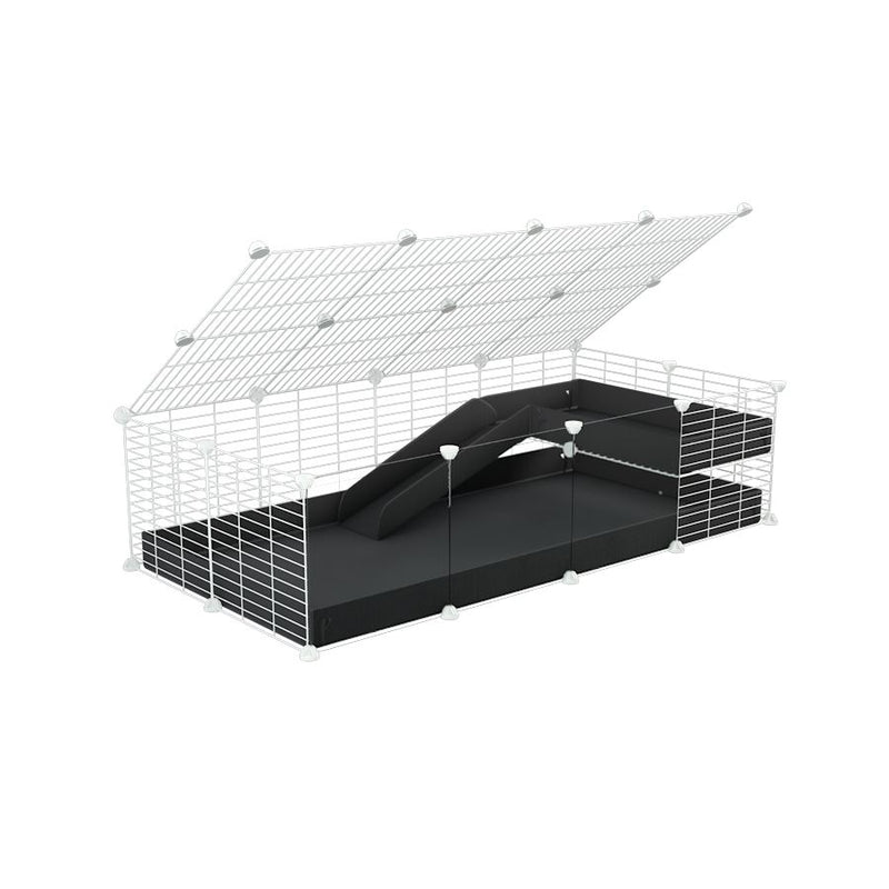une kavee cage 4x2 avec panneaux transparents en plexiglass  pour cochons d'inde avec une rampe un loft un couvercle un coroplast noir grilles blanches