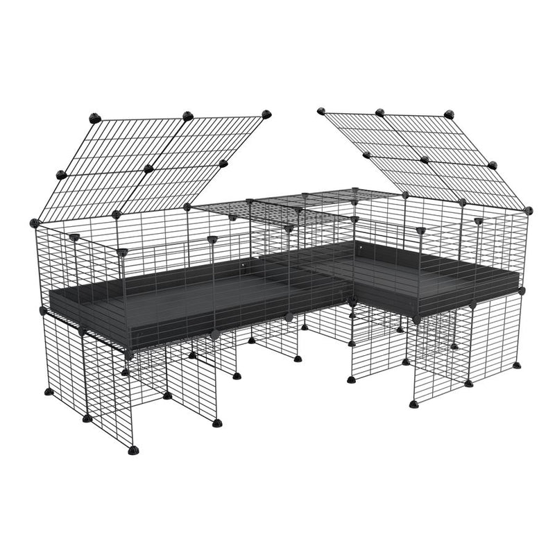 une cavy cage 6x2 en L avec stand avec couvercle et separation pour cochons d'inde qui se battent ou en quarantaine avec coroplast noir kavee