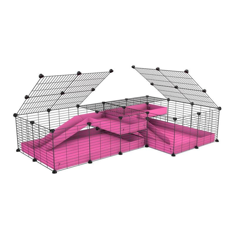 une cavy cage 6x2 en L avec loft avec couvercle et separation pour cochons d'inde qui se battent ou en quarantaine avec coroplast rose kavee