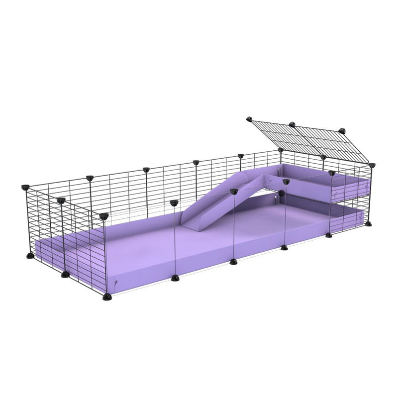 une kavee cage 5x2  avec panneaux transparents en plexiglass pour cochons d'inde avec une rampe une mezzanine un coroplast violet lilas et grilles fines sans danger