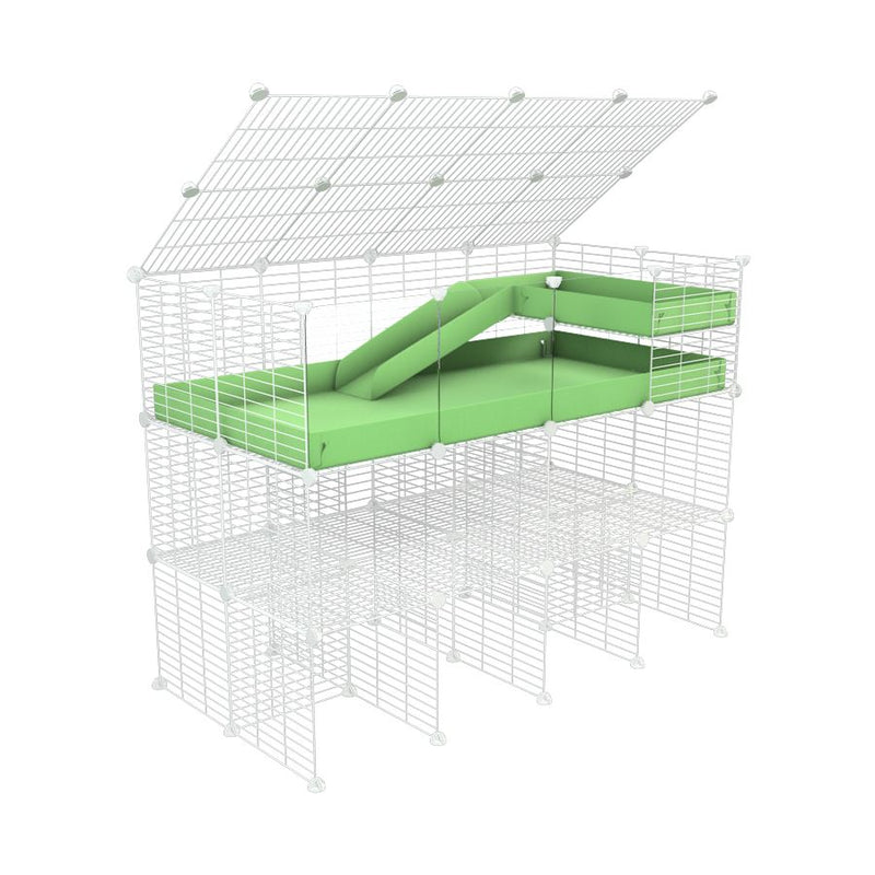 une kavee cage 4x2 pour cochons d'inde  avec panneaux transparents en plexiglass avec trois etages rampe couvercle coroplast vert pastel et grilles blanches fines