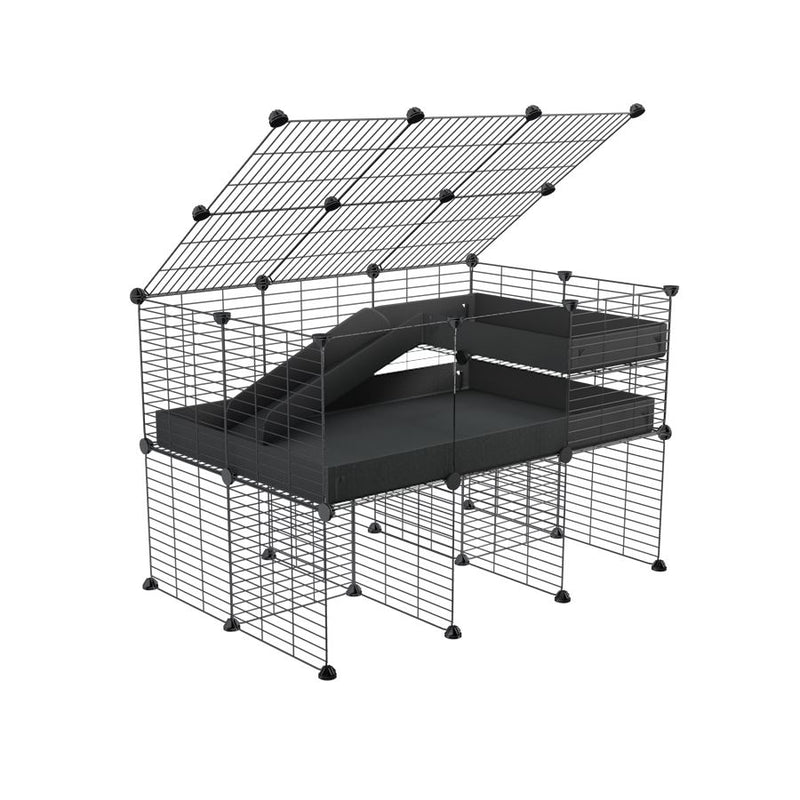 une cavy cage 3x2  avec panneaux transparents en plexiglass pour cochons d'inde avec rehausseur couvercle loft rampe coroplast noir et grilles de kavee