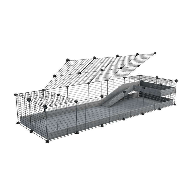 une cavy C&C cage 6x2 pour cochons d'inde avec une rampe un loft un toit un coroplast gris et grilles fines pour bebes