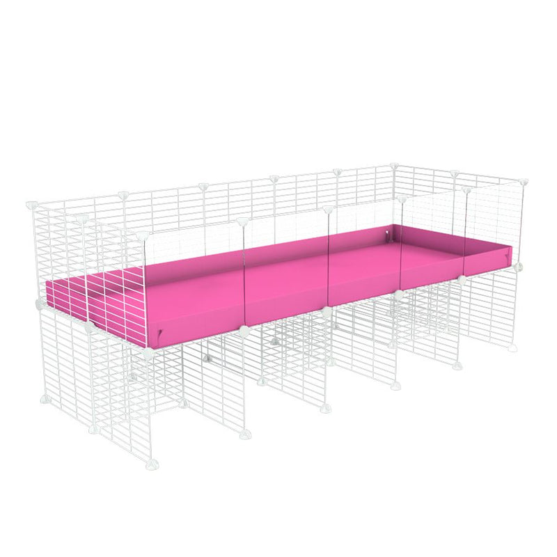 une cavy cage C&C 5x2 avec panneaux transparents en plexiglass  pour cobayes cochons d'inde avec rehausseur correx rose et grilles blanches fines de kavee france