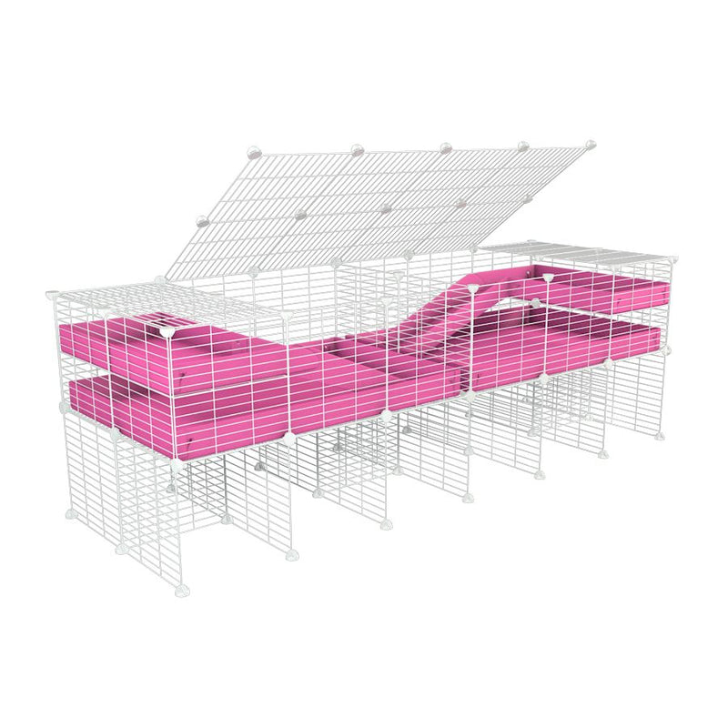 une cavy cage blanche 6x2 stand loft avec couvercle et separation pour cochons d'inde qui se battent ou en quarantaine avec coroplast rose kavee