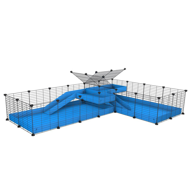 une cavy cage 8x2 de coin avec loft avec separation pour cochons d'inde qui se battent ou en quarantaine avec coroplast bleu kavee