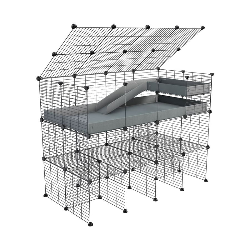 une cavy cage 2x4 pour cochons d'inde avec panneaux transparents en plexiglass avec double rehausseur couvercle loft rampe coroplast gris et grilles barreaux etroits de kavee