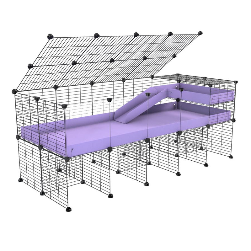 une kavee cage 5x2  avec panneaux transparents en plexiglass pour cochons d'inde avec rehausseur couvercle loft rampe coroplast violet pastel et grilles fines