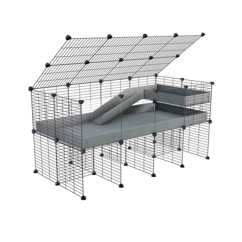 une cavy cage 4x2 pour cochons d'inde  avec panneaux transparents en plexiglass  avec rehausseur couvercle loft rampe coroplast gris et grilles fines de kavee france