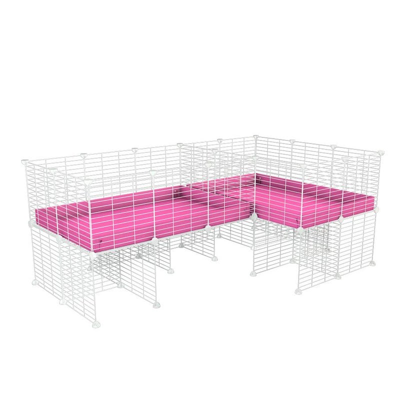 une cavy cage blanche 6x2 en L avec stand avec separation pour cochons d'inde qui se battent ou en quarantaine avec coroplast rose kavee