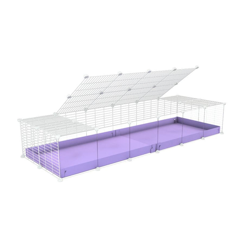 une kavee cage 6x2 avec panneaux transparents en plexiglass  pour cochons d'inde avec couvercle coroplast violet lilas et grilles blanches avec barreaux etroits