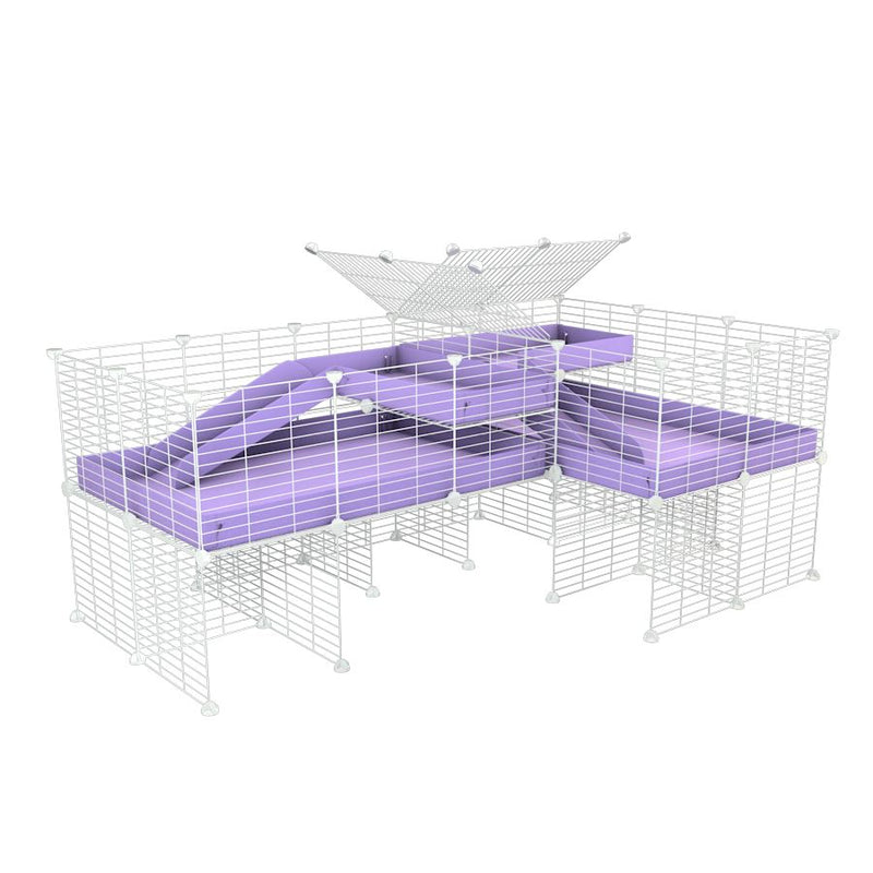 une cavy cage blanche 6x2 en L avec stand et loft avec separation pour cochons d'inde qui se battent ou en quarantaine avec coroplast lilas violet kavee