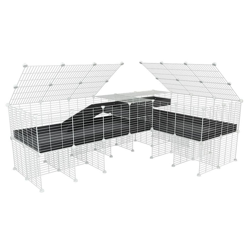 une cavy cage blanche 8x2 de coin avec stand et loft avec couvercle et separation pour cochons d'inde qui se battent ou en quarantaine avec coroplast noir kavee