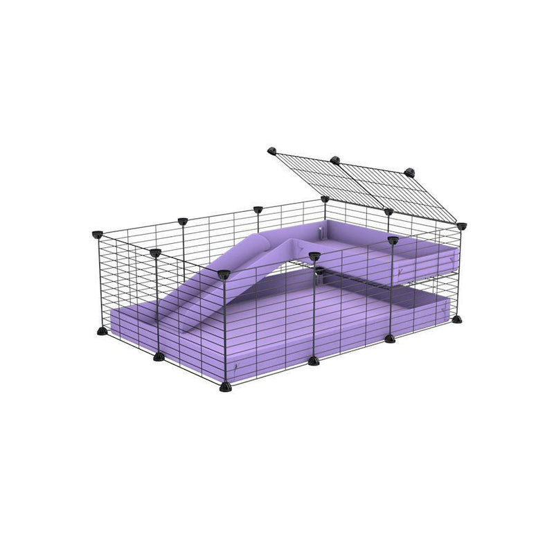 une cavy cage 3x2 pour cochons d'inde avec une rampe un loft un coroplast violet lilas et grilles fines de kavee