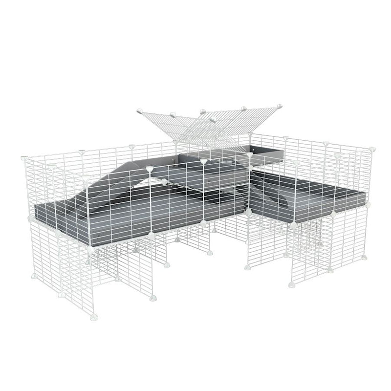 une cavy cage blanche 6x2 en L avec stand et loft avec separation pour cochons d'inde qui se battent ou en quarantaine avec coroplast gris kavee