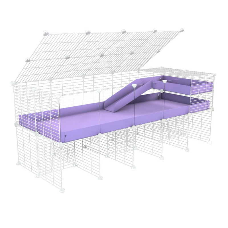 une kavee cage 5x2 avec panneaux transparents en plexiglass  pour cochons d'inde avec rehausseur couvercle loft rampe coroplast violet pastel et grilles blanches fines