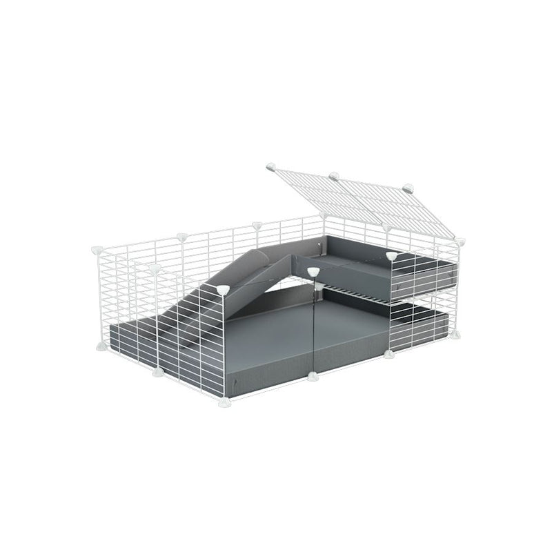 une cavy cage 3x2 pour cochons d'inde avec panneaux transparents en plexiglass avec une rampe un loft un coroplast gris et grilles blanches fines de kavee france