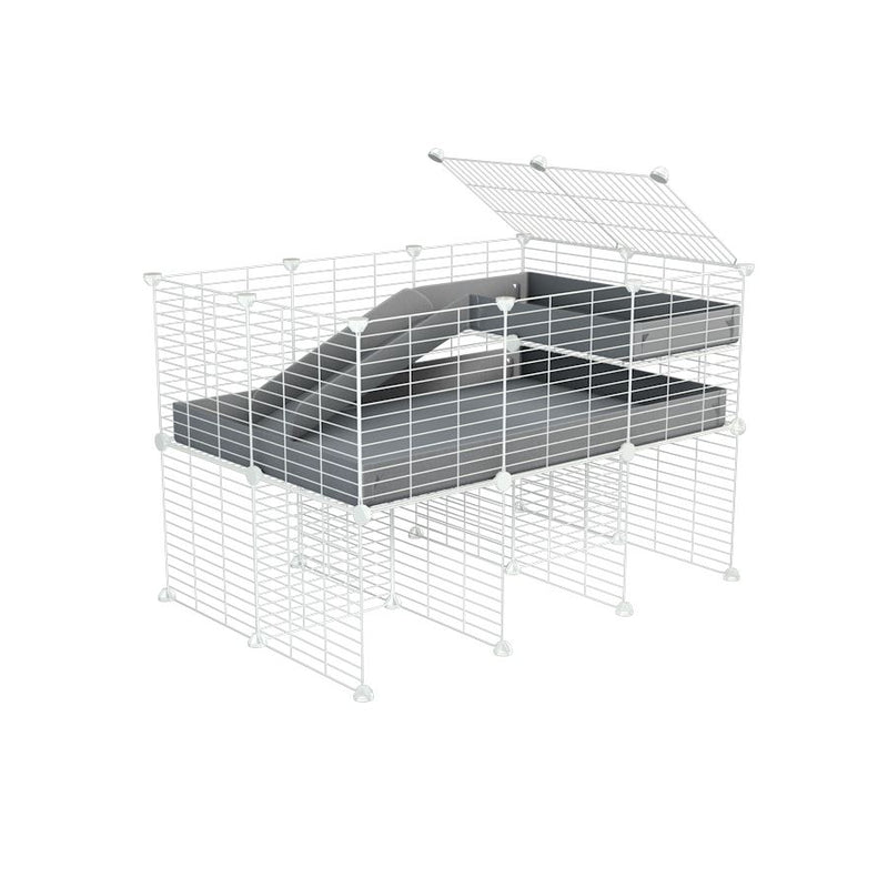 une kavee cage 3x2 pour cochons d'inde avec rehausseur loft rampe coroplast gris et grilles blanches fines petits trous