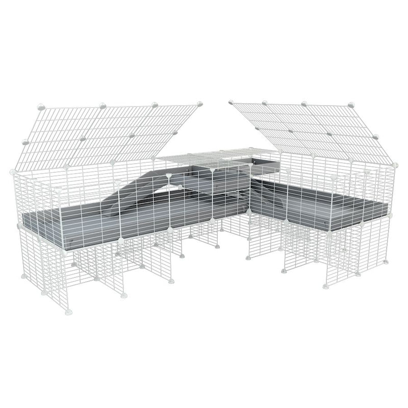une cavy cage blanche 8x2 de coin avec stand et loft avec couvercle et separation pour cochons d'inde qui se battent ou en quarantaine avec coroplast gris kavee