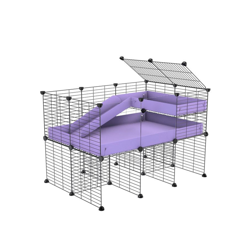une cavy cage 3x2 pour cochons d'inde avec panneaux transparents en plexiglass  avec rehausseur loft rampe coroplast lilas et grilles avec petits trous de kavee