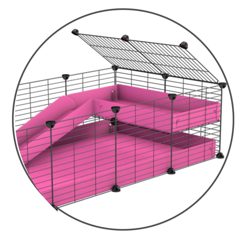 Un kit pour ajouter une rampe et une mezanine 2x1 a sa cavy cage kavee avec coroplast rose et grilles sans danger