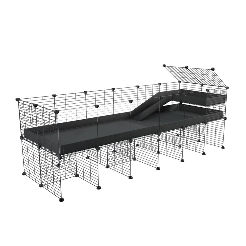 une kavee cage 6x2 avec panneaux transparents en plexiglass  pour cochons d'inde avec rehausseur loft rampe coroplast noir et grilles fines petits trous