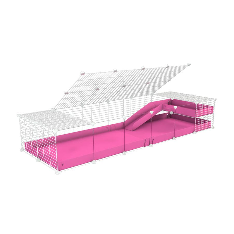 une cavy C&C cage 6x2 avec panneaux transparents en plexiglass  pour cochons d'inde avec une rampe un loft un toit un coroplast rose et grilles blanches pour bebes