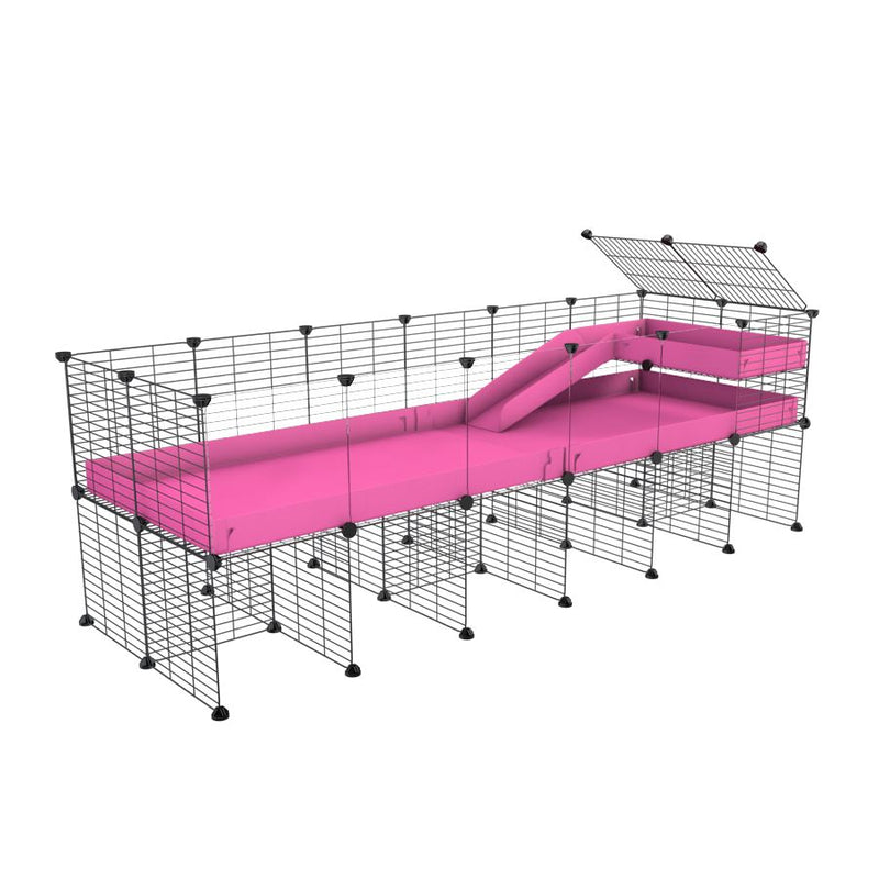 une kavee cage 6x2  avec panneaux transparents en plexiglass pour cochons d'inde avec rehausseur loft rampe coroplast rose et grilles fines petits trous