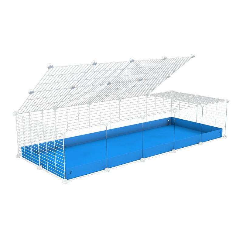 une cavy cage 5x2 avec panneaux transparents en plexiglass  pour cochons d'inde avec couvercle coroplast bleu et grilles blanches avec barreaux etroits de kavee