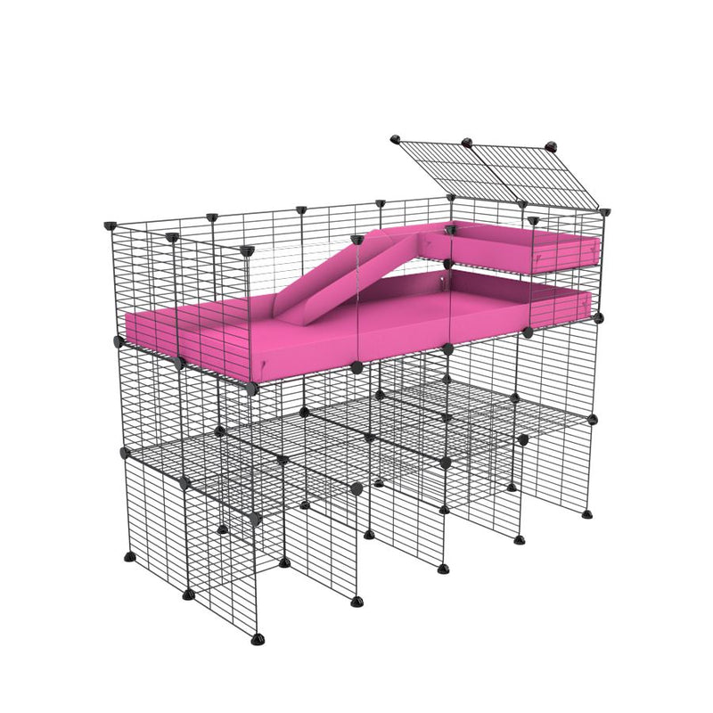 une kavee cage 4x2 avec panneaux transparents en plexiglass pour cochons d'inde avec trois etages loft rampe coroplast rose et grilles fines