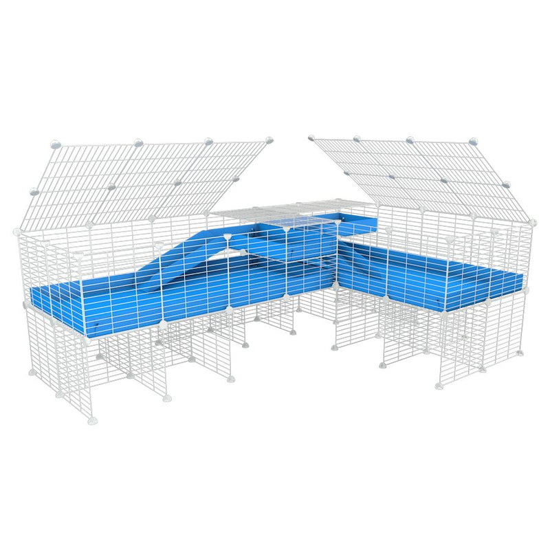 une cavy cage blanche 8x2 de coin avec stand et loft avec couvercle et separation pour cochons d'inde qui se battent ou en quarantaine avec coroplast bleu kavee