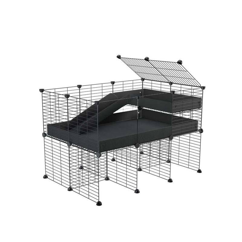 une cavy cage 3x2 pour cochons d'inde avec panneaux transparents en plexiglass  avec rehausseur loft rampe coroplast noir et grilles avec petits trous de kavee